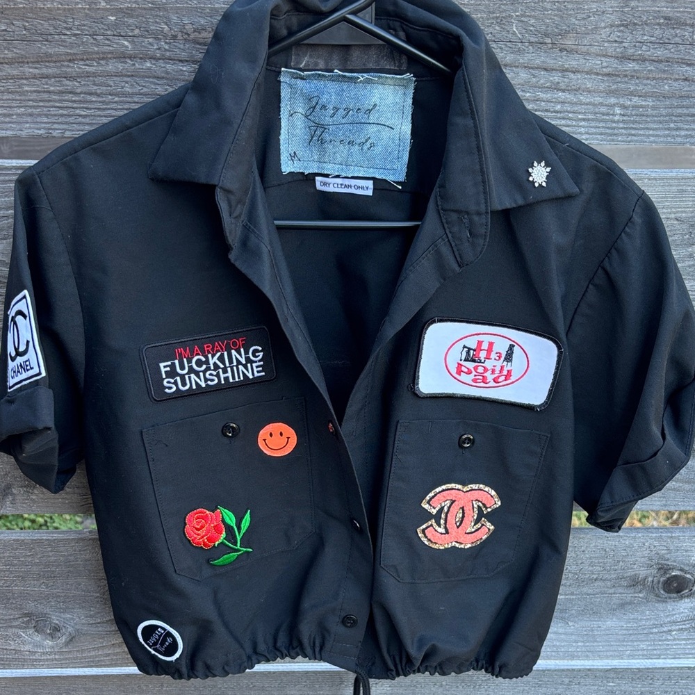 Repurposed and Cropped Shirt  with Embroidered Patches by “Jagged Threads”